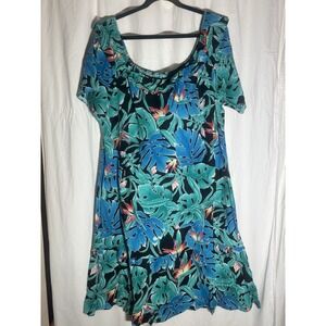 VTG Hilo Hattie Ruffle Blue Bird Of Paradise MIDI Hawaiian MuuMuu Dress Size 1X